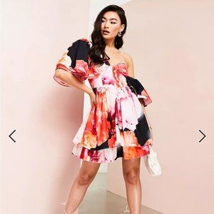 ASOS LUXE one shoulder cotton dress with corset detail and ruffles in floral